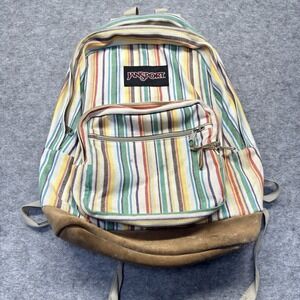 JanSport Backpack Unisex L Multi Striped Canvas Suede Leather Bottom Originals